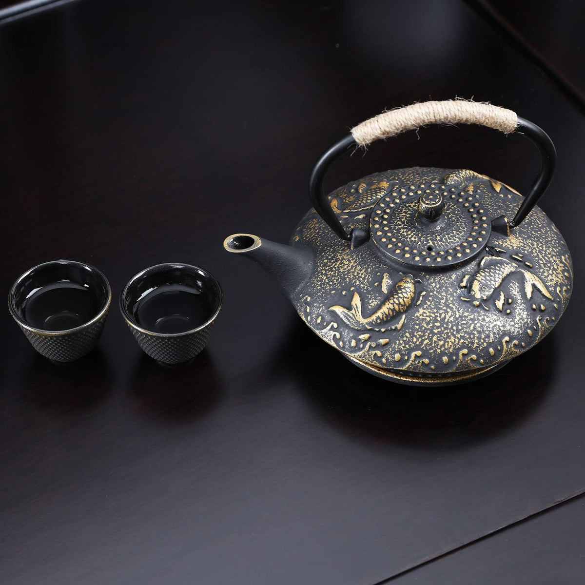 Koi Fish Cast Iron Teapot Set Stove Top 26 oz Tea Kettle with 4 Cups
