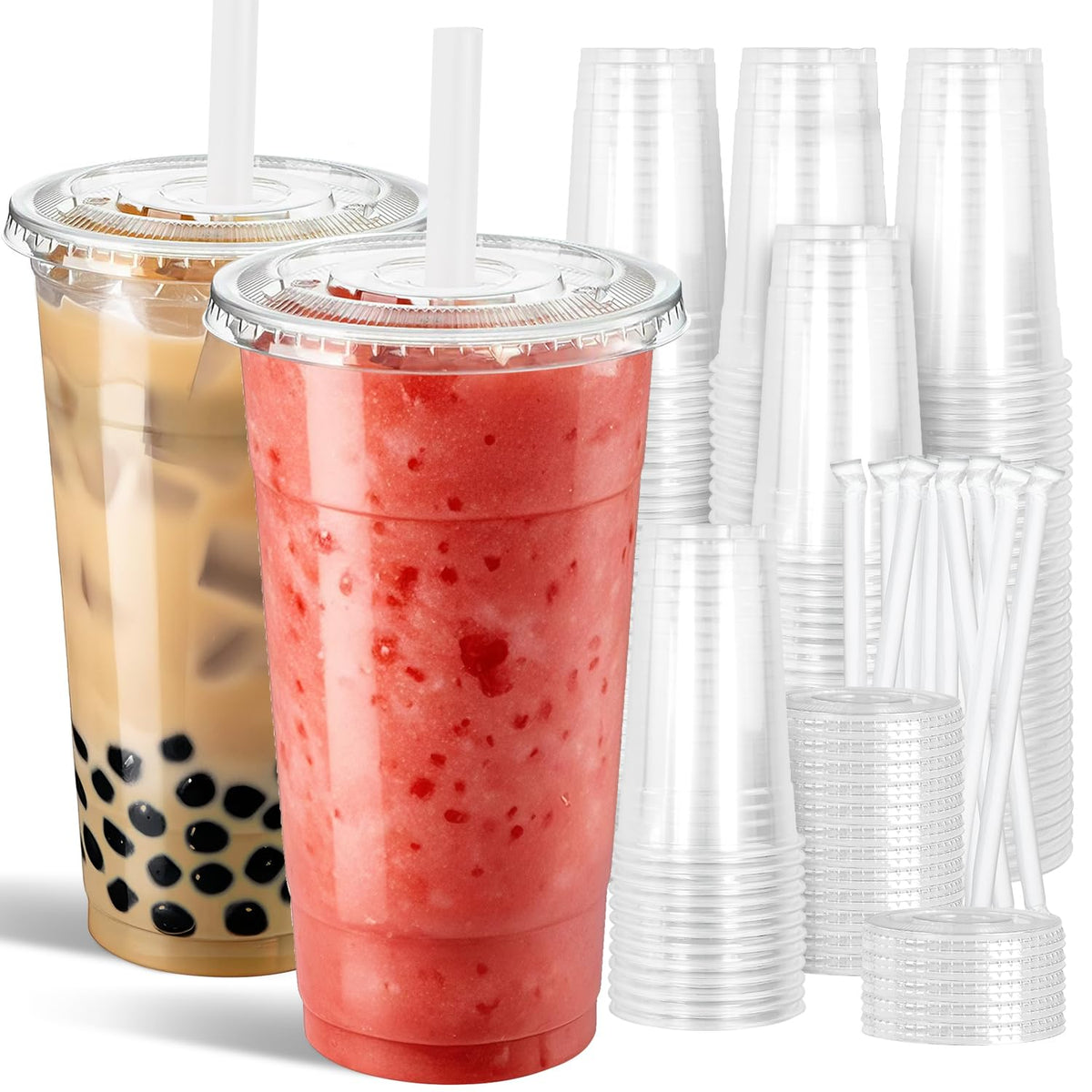 32 oz Clear Plastic Cups with Lids and Jumbo Straws (50 Count)