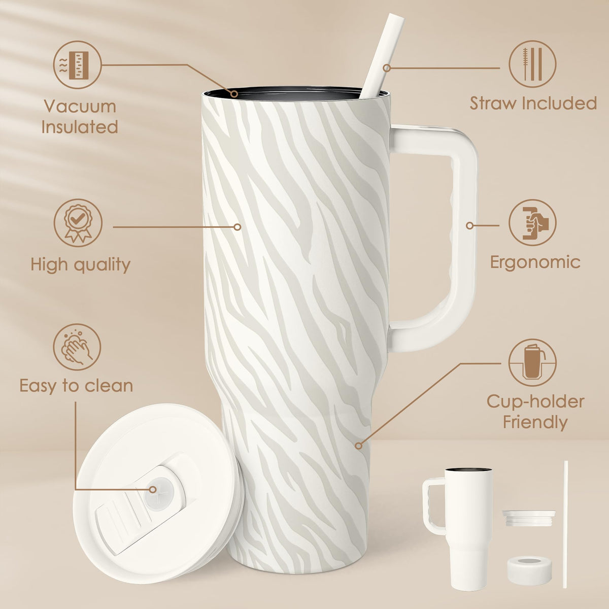 Zebra Skin 40oz Slider Tumbler with Handle and Straw