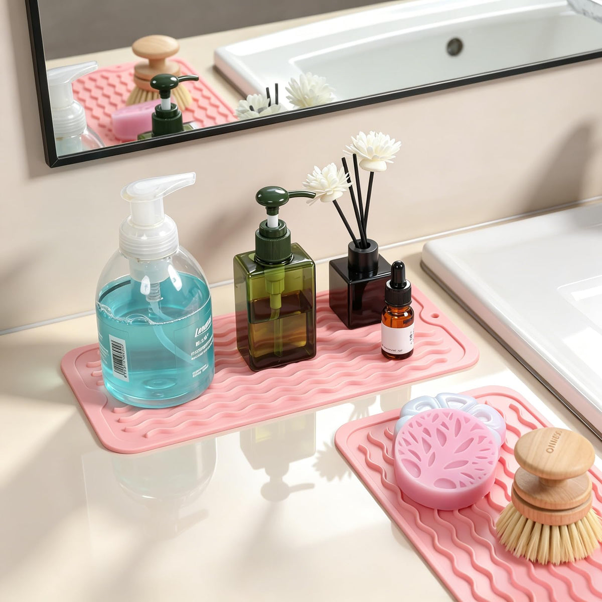2 Pack Caketime Silicone Dish Drying Mat for Kitchen Counter Under Sink Storage Near Bathroom Faucet Heat Resistant Pad for Stove Top Placemats Soap Holder Stone Dryer Organizer 12"x6" Pink