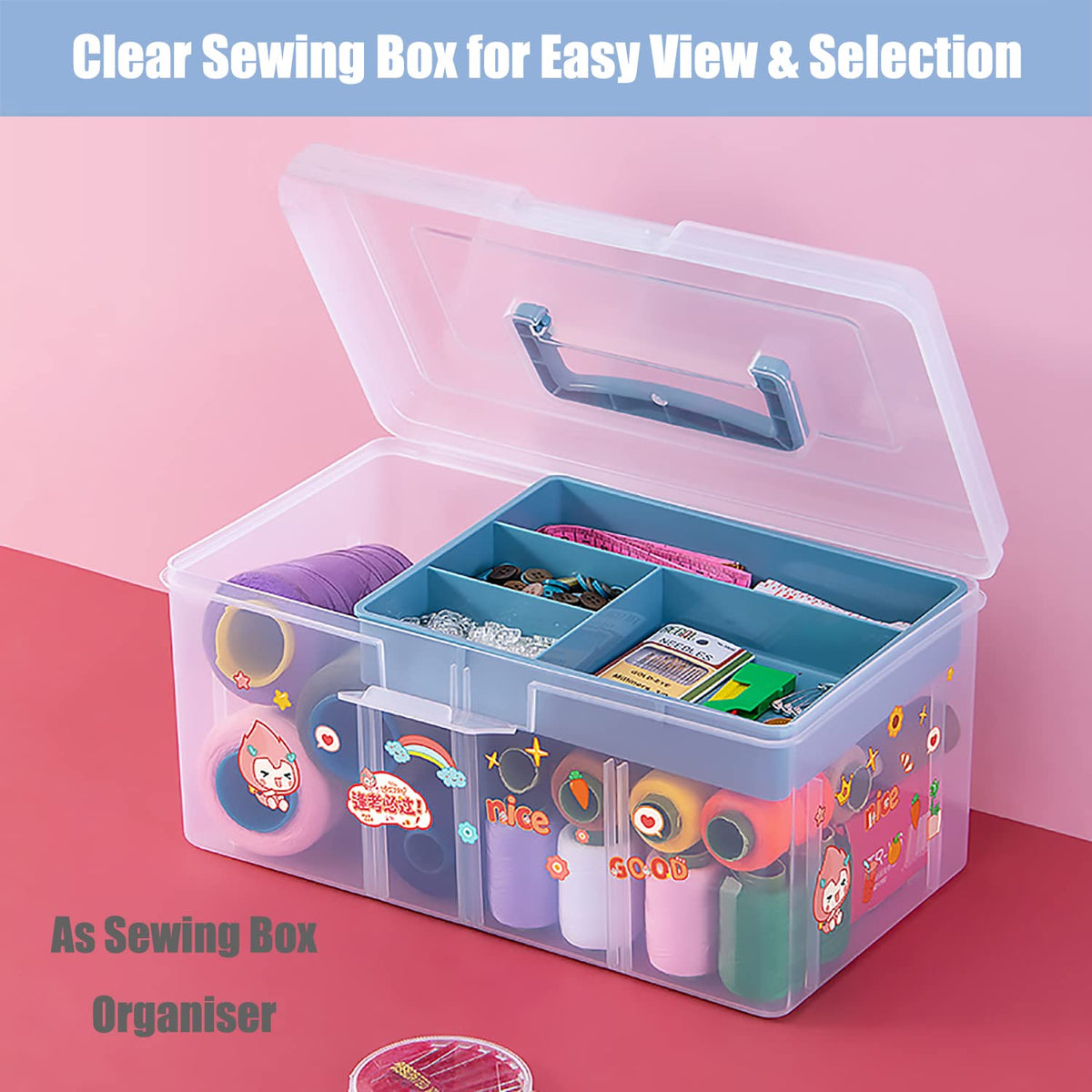 Clear Plastic Arts & Craft Supplies Organizer Box Large with a Removable Tray & A Partition & Handle
