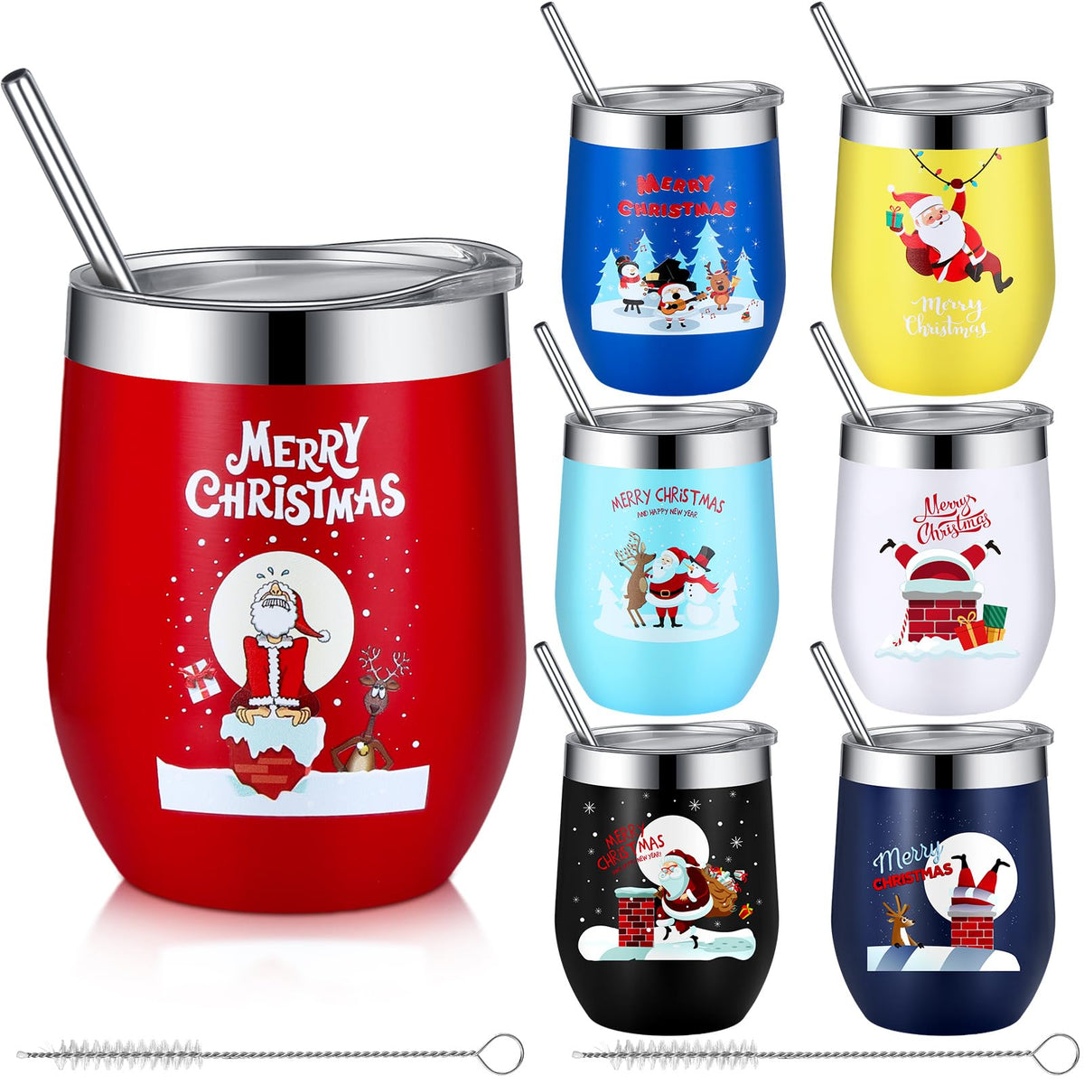 7 Set Christmas Wine Tumbler with Lid Straw Brush (9 Count)