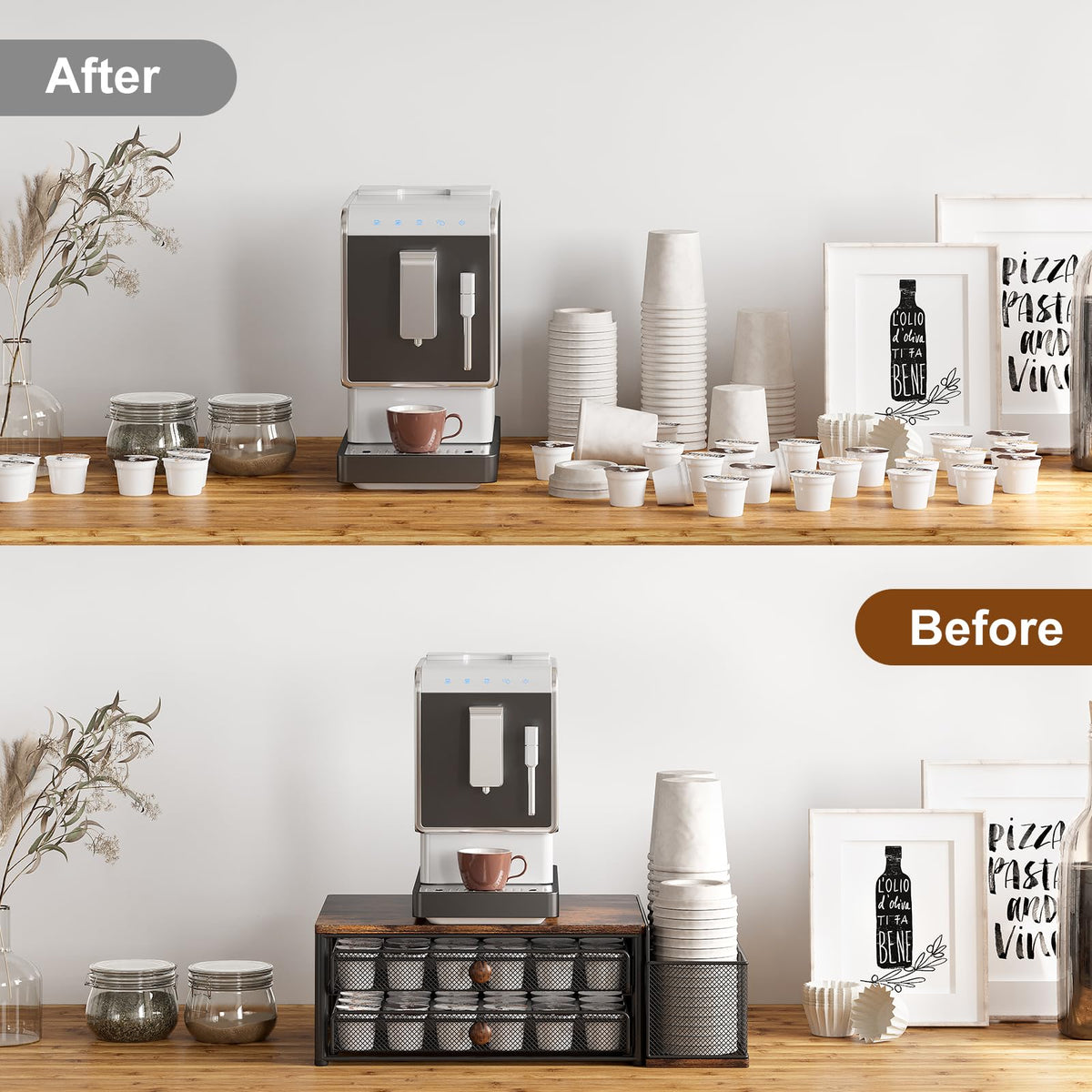 K Cup Holder 60 Capsule Capacity 2 Tier Sliding Pods Storage Drawer with Disposable Cups & Lids Holder