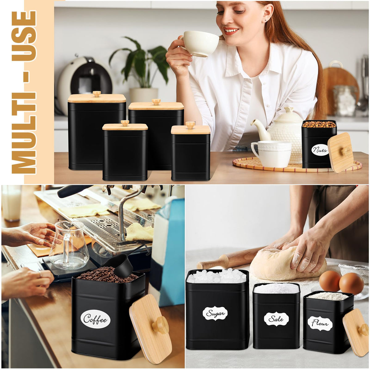 5 Pcs Black Kitchen Canisters for Countertop with Labels Airtight Metal Containers Coffee Tea Sugar Flour Jars with Spoon Farmhouse Big Food Storage Set for Kitchen (5 Count)