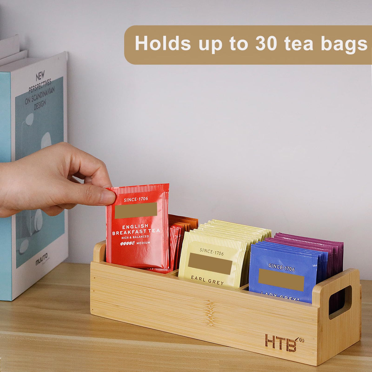Small Bamboo Tea Bag Holder Pack of 2 with 3 Compartments