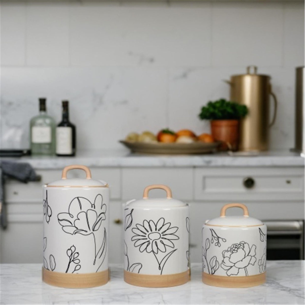 Ceramic Kitchen Canister Set of 3 with Floral Line Art (3 Count)
