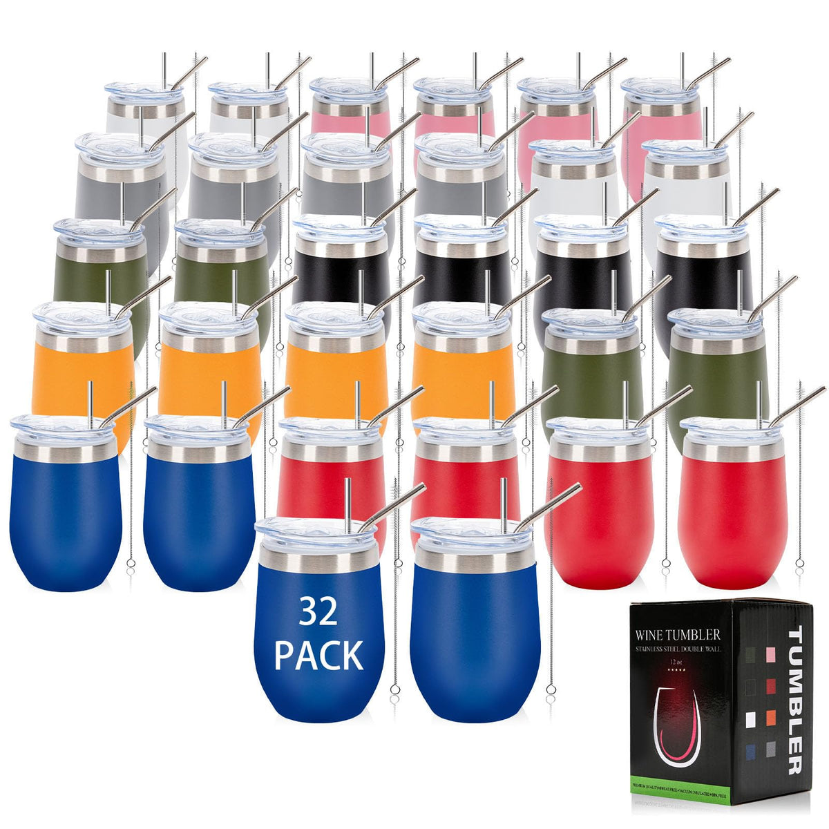32Pack 12oz Stainless Steel Wine Bulk Tumblers with Lids and Straws (32 Count)