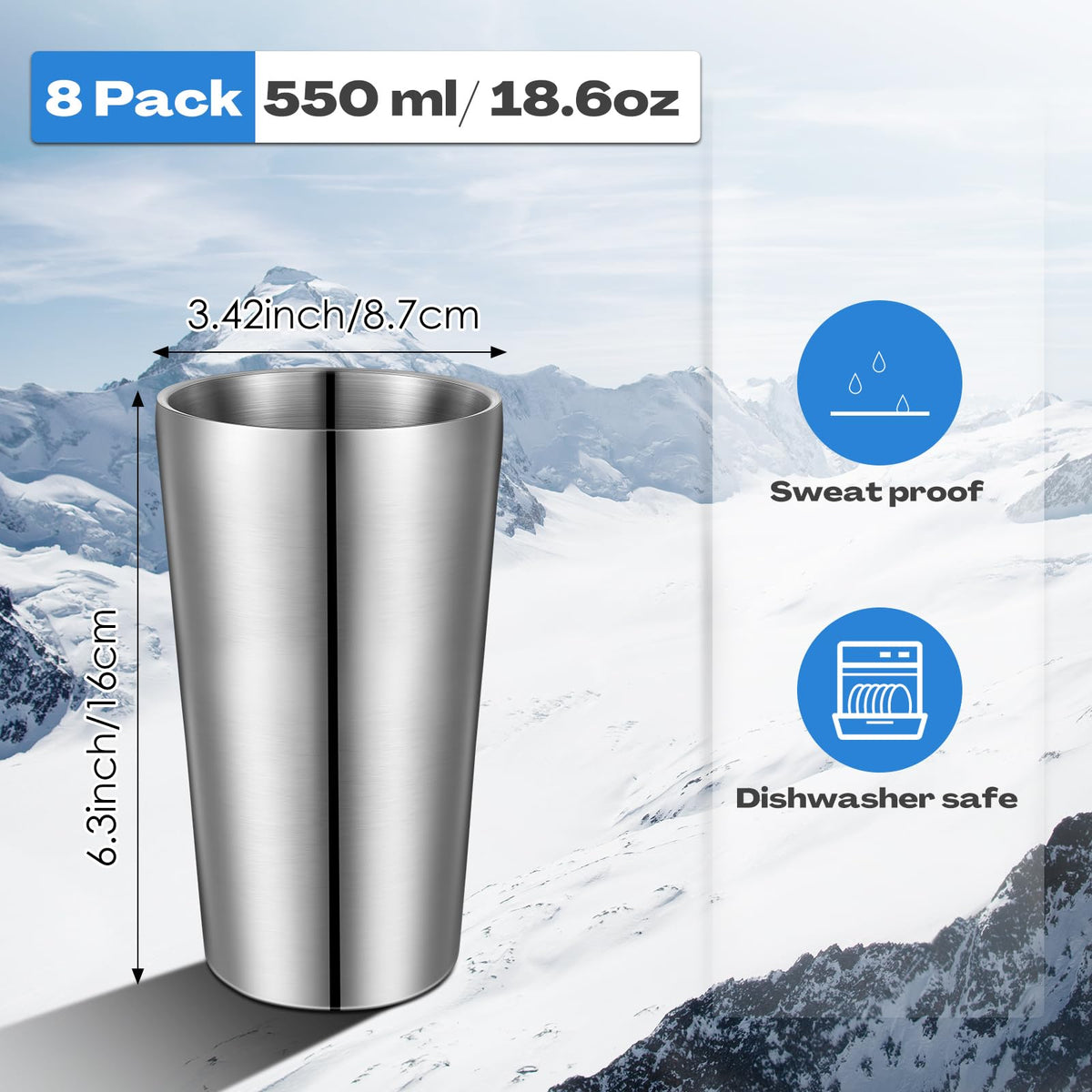 8 Pack Stainless Steel Insulated Cup 18.6 oz Metal Tumbler Double Wall Vacuum Water Glasses Camping Reusable Mugs BBQ Home Office Party Coffee (8 Count)