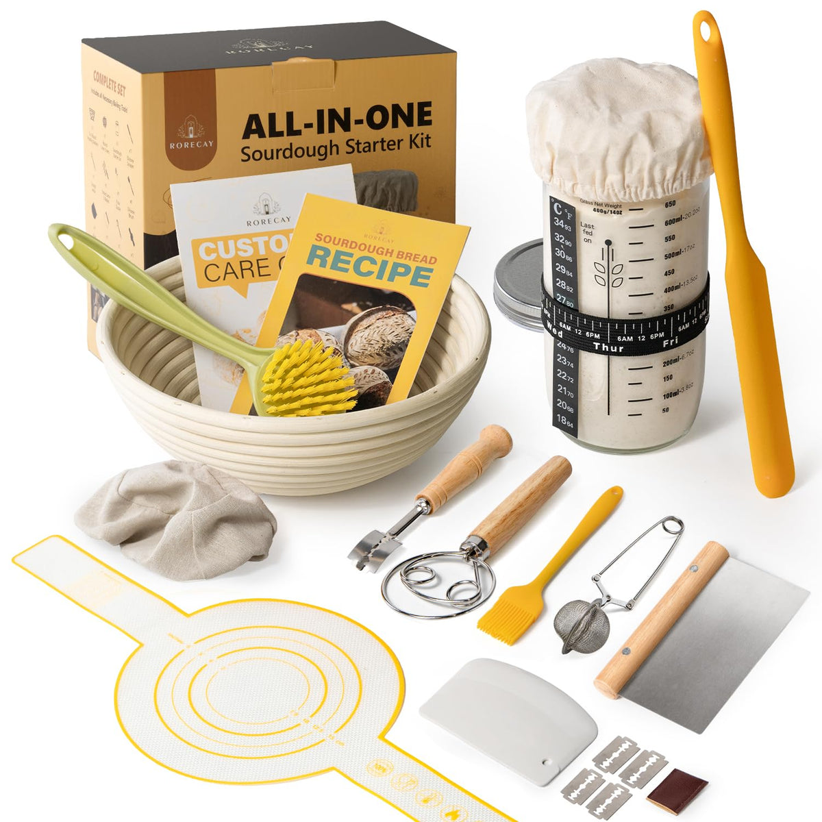 Sourdough Starter Kit with Banneton Bread Proofing Baskets and Jar