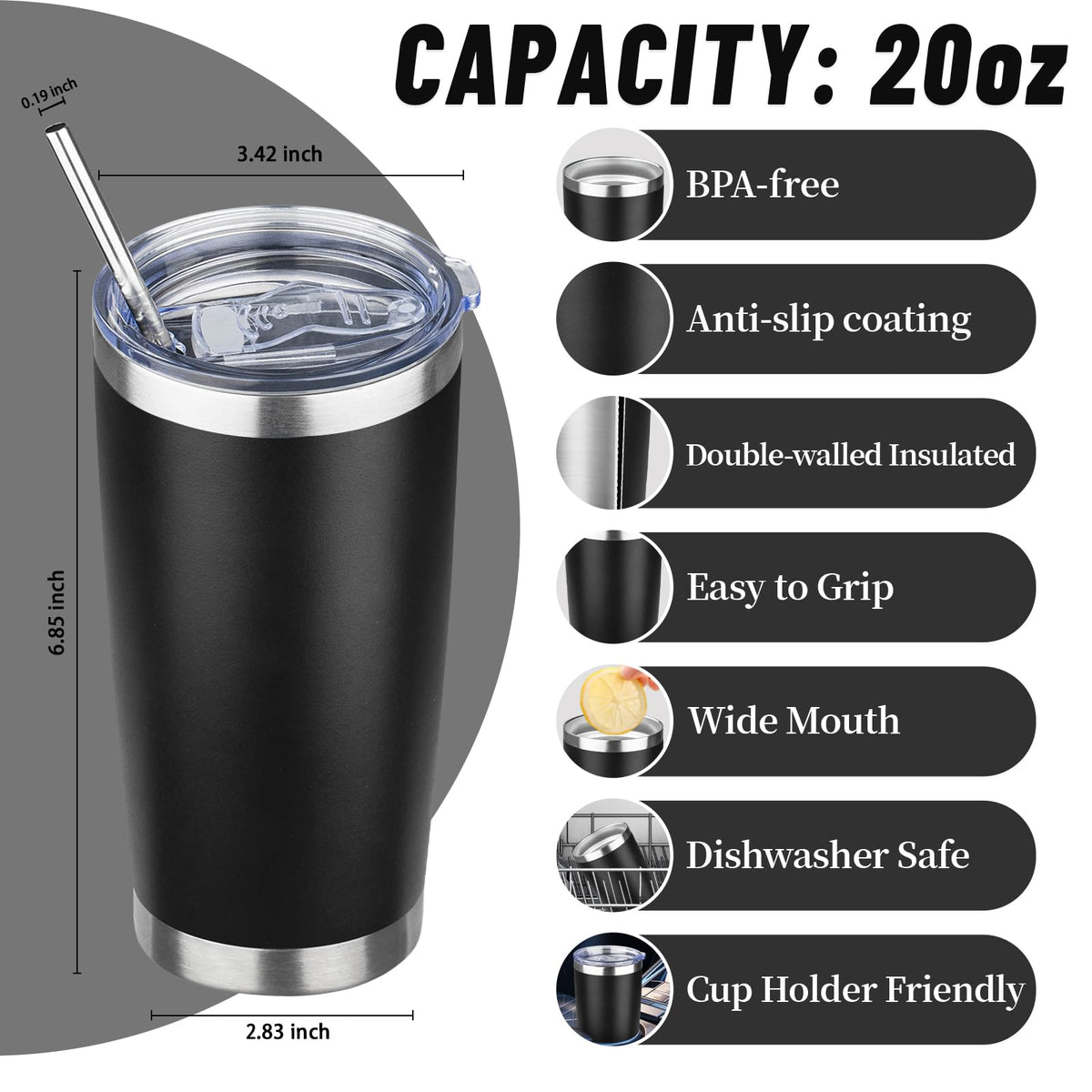 20 oz Tumbler with Lids and Straws (6 Count)