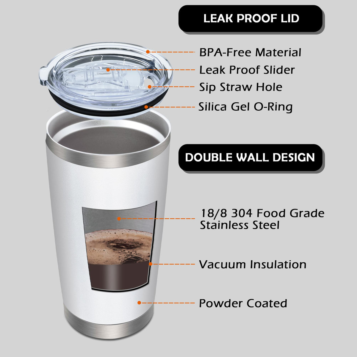 20oz Tumbler with Lid Stainless Steel Tumblers Insulated Mug White 6P (6 Count)