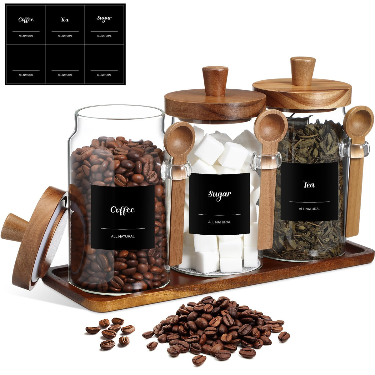 3 Pcs Glass Coffee Container Wood Lid (3 Count)