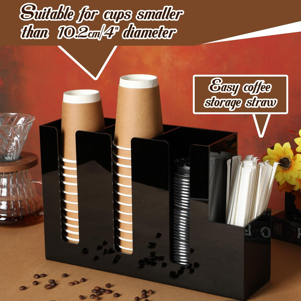 4 Compartments Acrylic Coffee Cup and Lid Storage Organizer Holder Disposable Paper Cup Dispenser Organizer Plastic Lid Holder Accessories for Kitchen Bar Shop Party Supplies