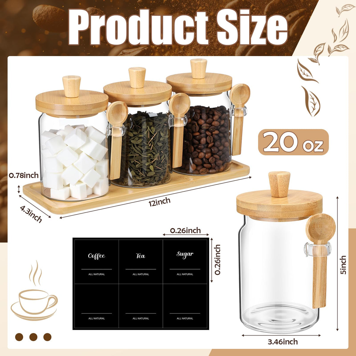 3 Pcs Glass Coffee Container with Wooden Lid Spoon Shelf Labels Clear Airtight Jar Food Storage Canister Set for Sugar Spice Coffee Bean Holder Housewarming Gift (3 Count)