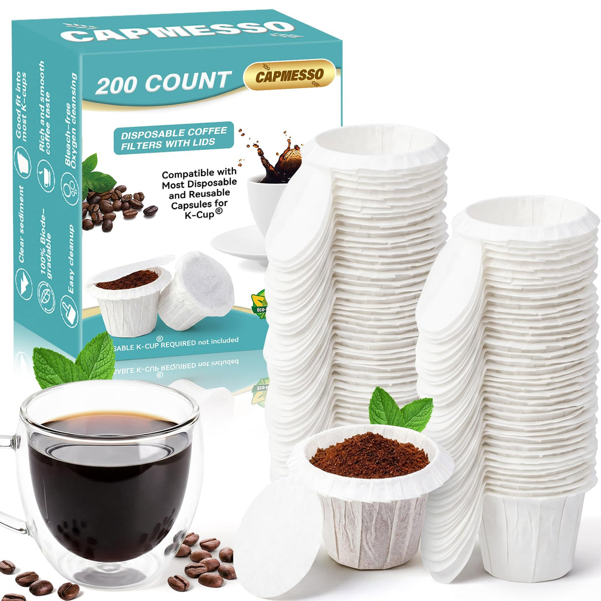 Disposable Coffee Filters with Lid Kerig Paper Filter for Reusable Single Serve Pods Compatible with Keurg 2.0 & 1.0 Coffee Maker (200 Count)