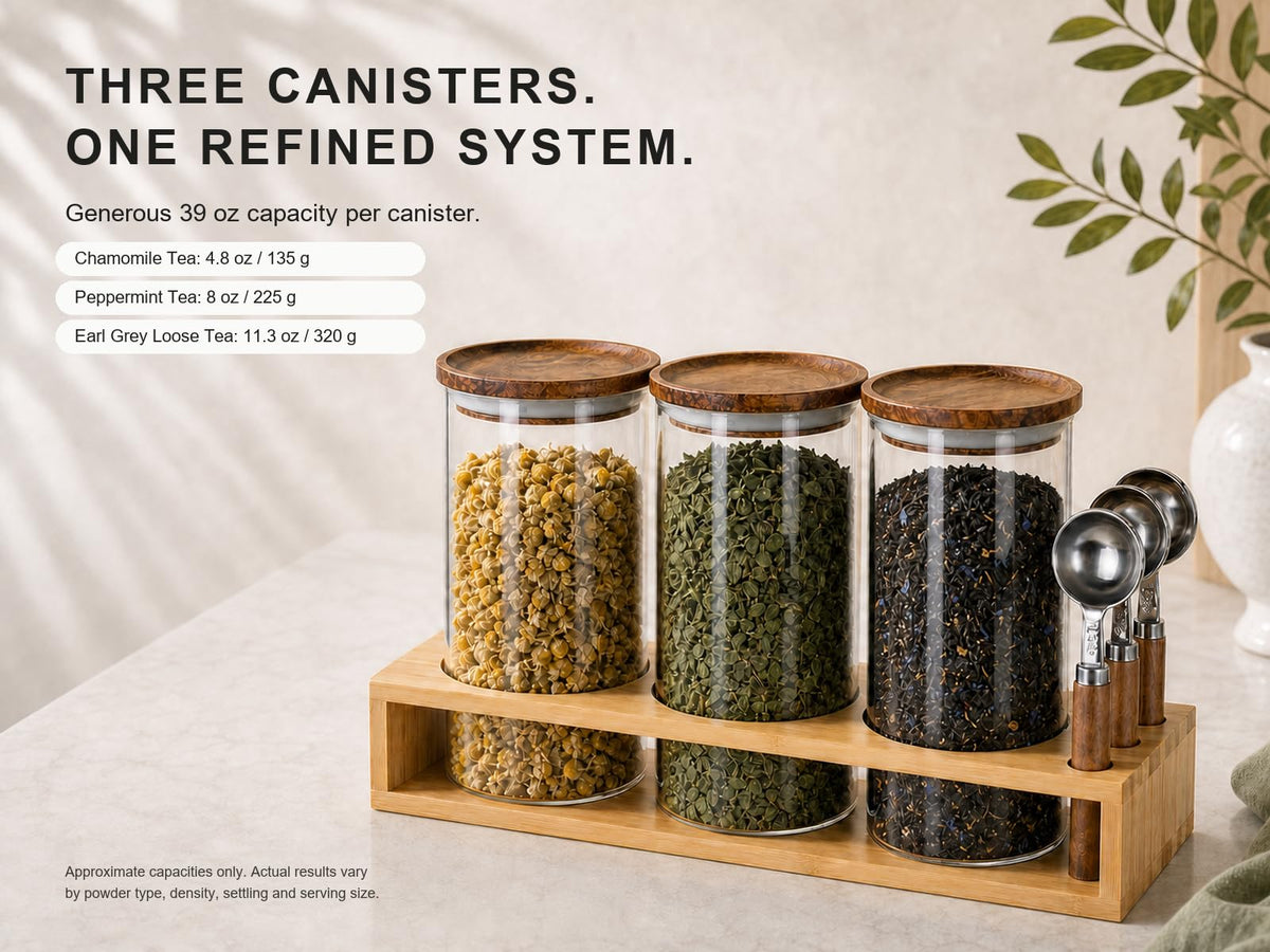 KKC HOME ACCNETS Glass Canister Set with Bamboo Rack & Scoops (5 Count)