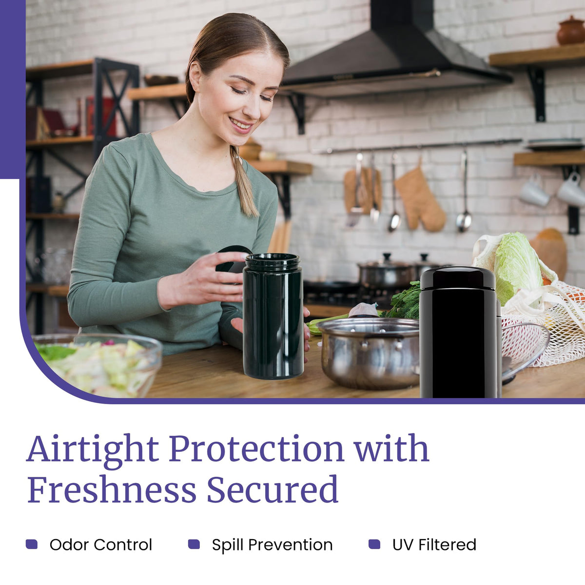 1 L (34 fl oz) Pack 3, Premium Airtight Ultraviolet Glass Jar Smell Proof, Antistatic, Light Blocking Container for Herbs, Coffee, Tea & Spices Durable, Travel-Friendly Storage (3 Count)