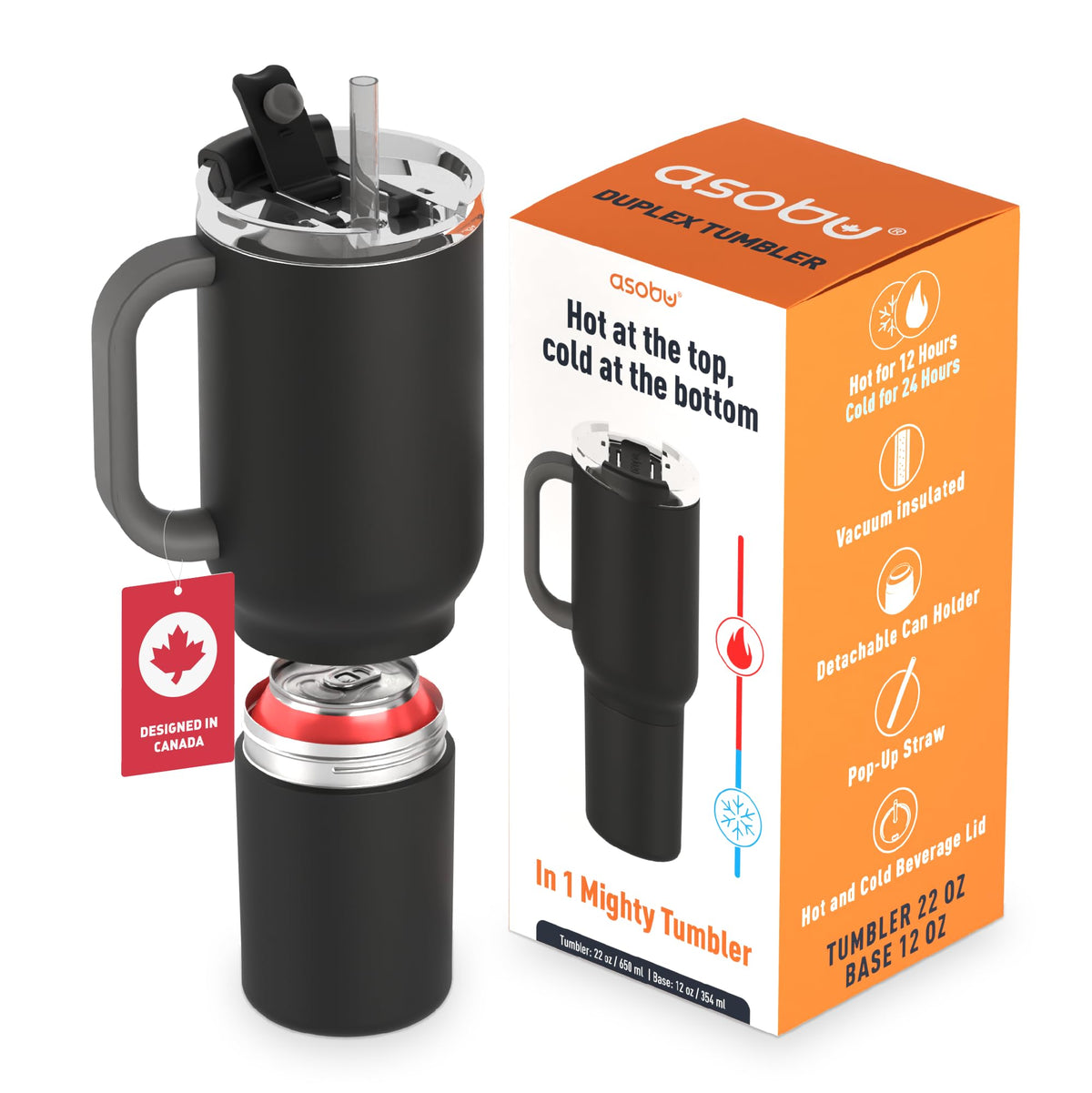 DUPLEX 2-in-1 Travel Mug and Beer Can Holder Enjoy hot and cold drinks simultaneously -22 oz Hot Coffee or Tea Tumbler with Attached 12 oz Cold Can Holder for Beer or Soda, Black