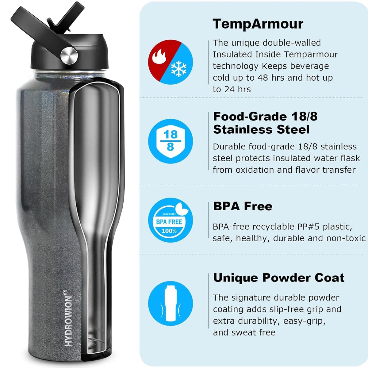 40 oz Insulated Water Bottle with Straw fit in Car Cup Holder