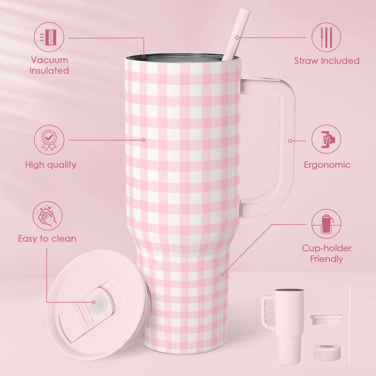 Pink Gingham 40oz Slider Tumbler with Handle and Straw