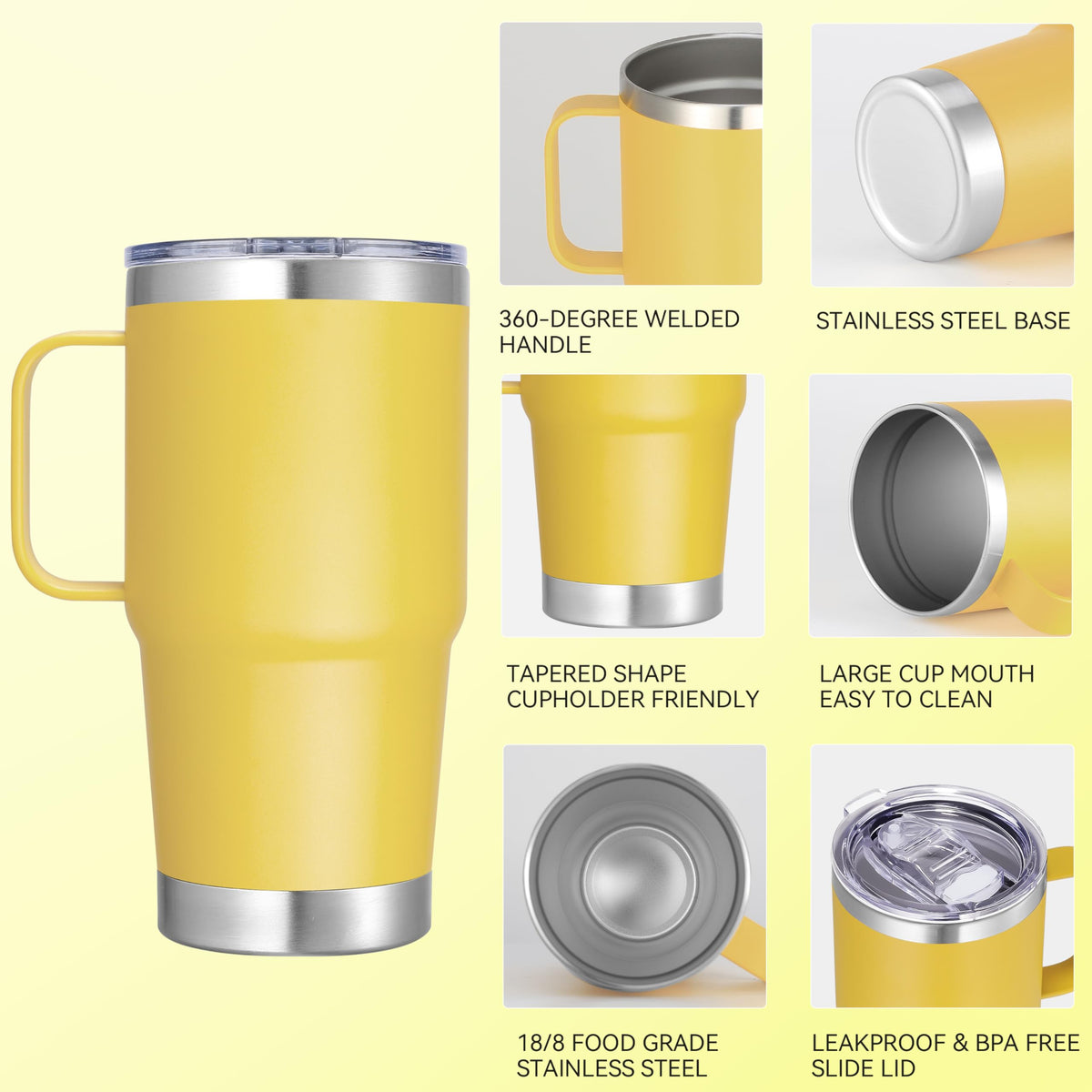 20 oz Stainless Steel Tumbler with Handle Bulk Metal Insulated Tumblers Travel Coffee Mug with Handle Double Wall Tumbler Cup with Lid and Straw (6 Count)