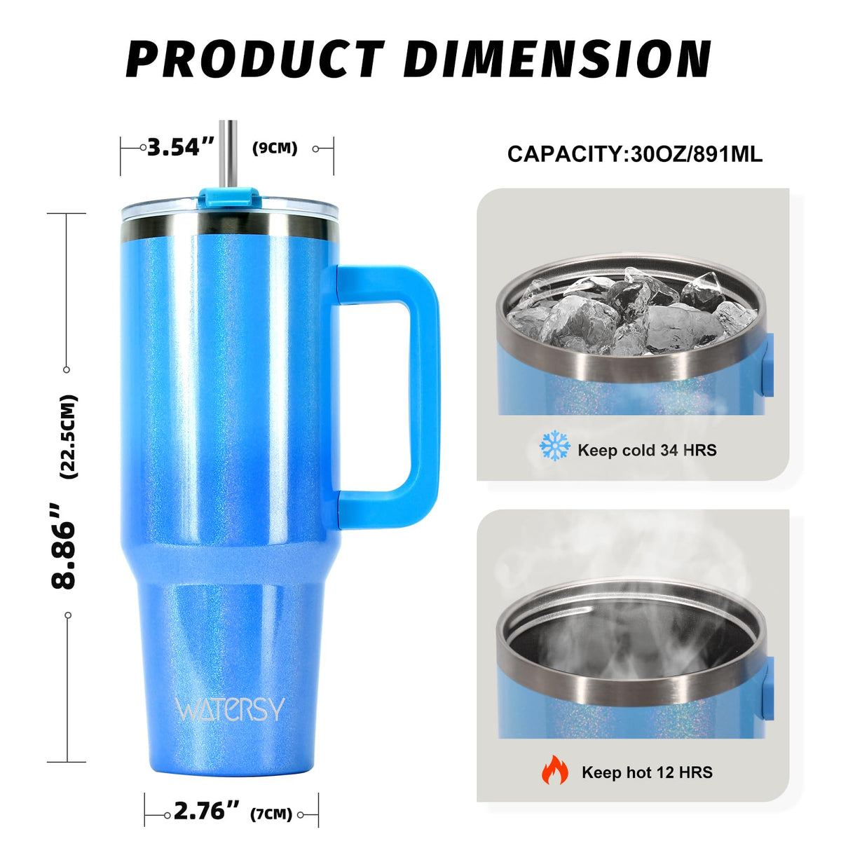 30 oz Shiny Tumbler with Handle and Straw