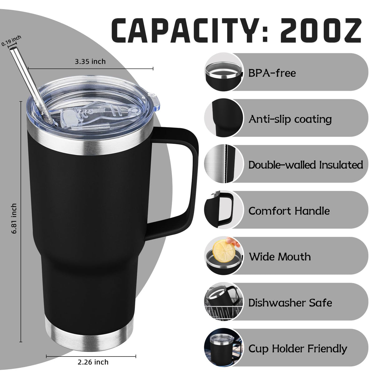 20 oz Tumbler with Handle Stainless Steel Insulated Coffee Tumbler with Lid and Straw Double Wall Vacuum Insulated Coffee Mug Leak Proof Travel Mug Tumbler for Hot and Cold Drink (4 Count)