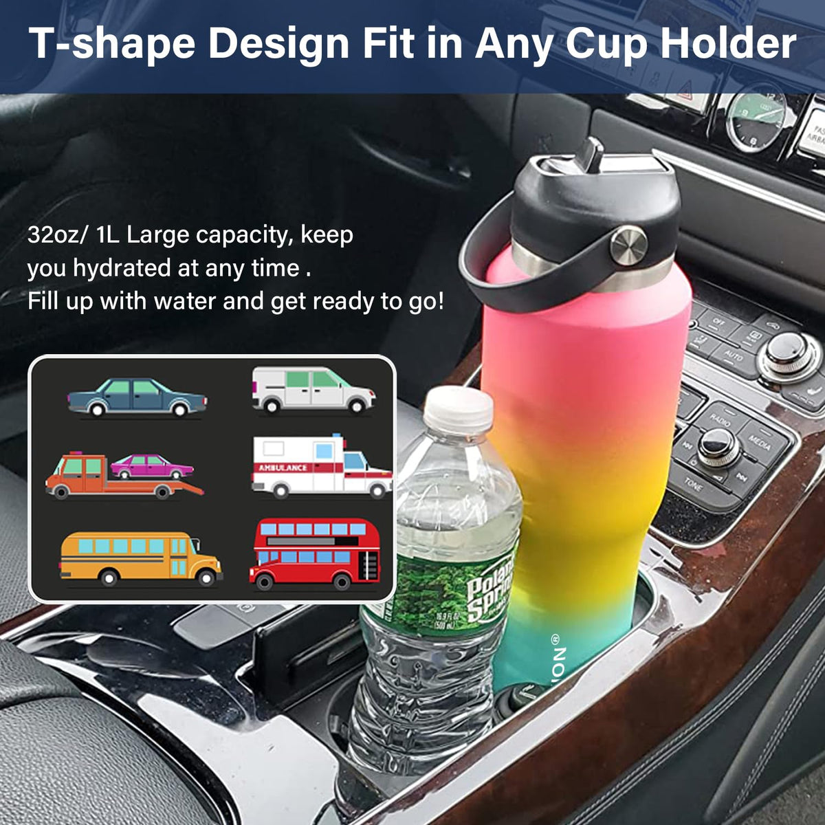 40 oz Insulated Water Bottle with Straw fit in Car Cup Holder
