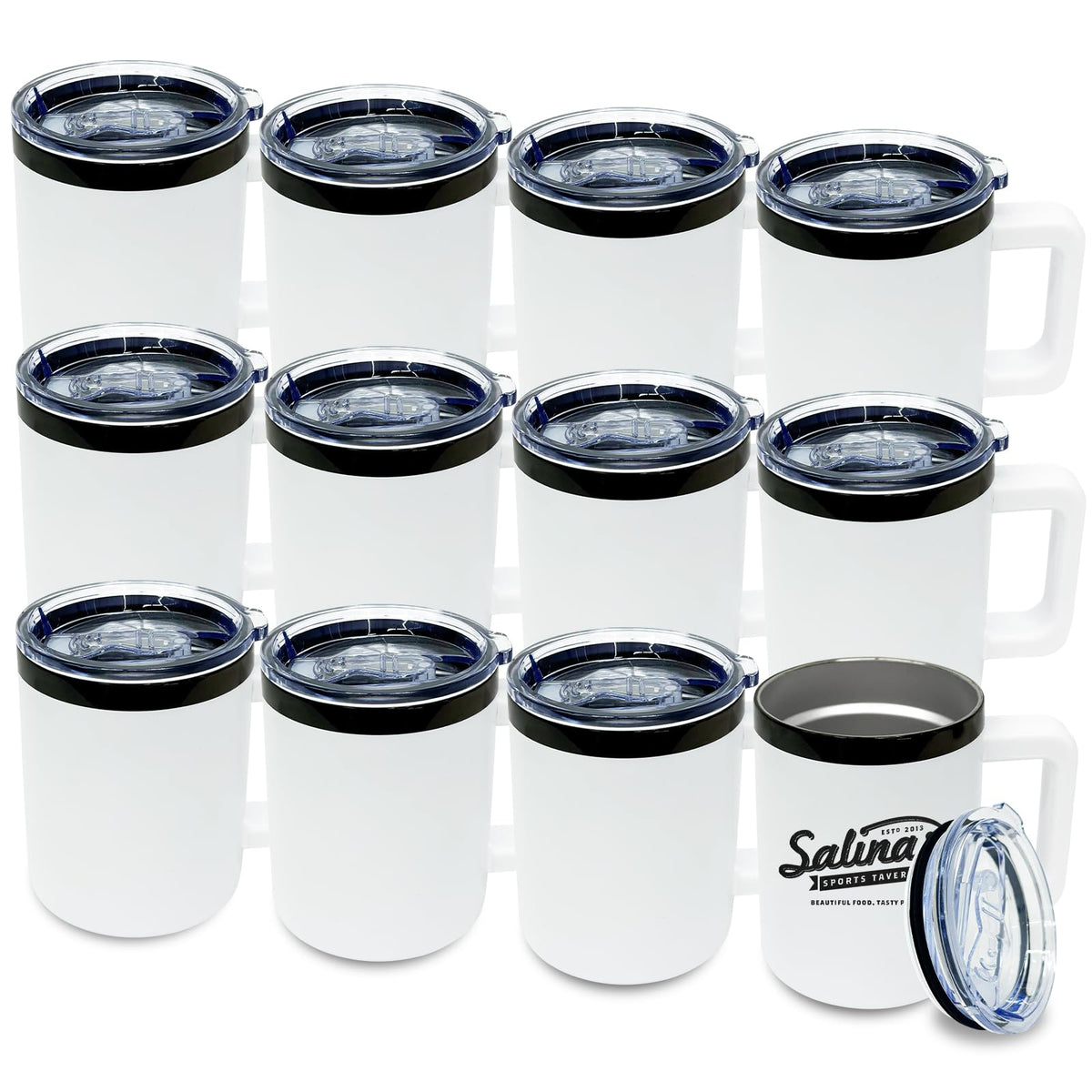 12 oz Tumbler with Handle and Straw Stainless Steel Insulated Coffee Mug for Laser Graving Powder Coated Cup with Black Plated (12 Count)