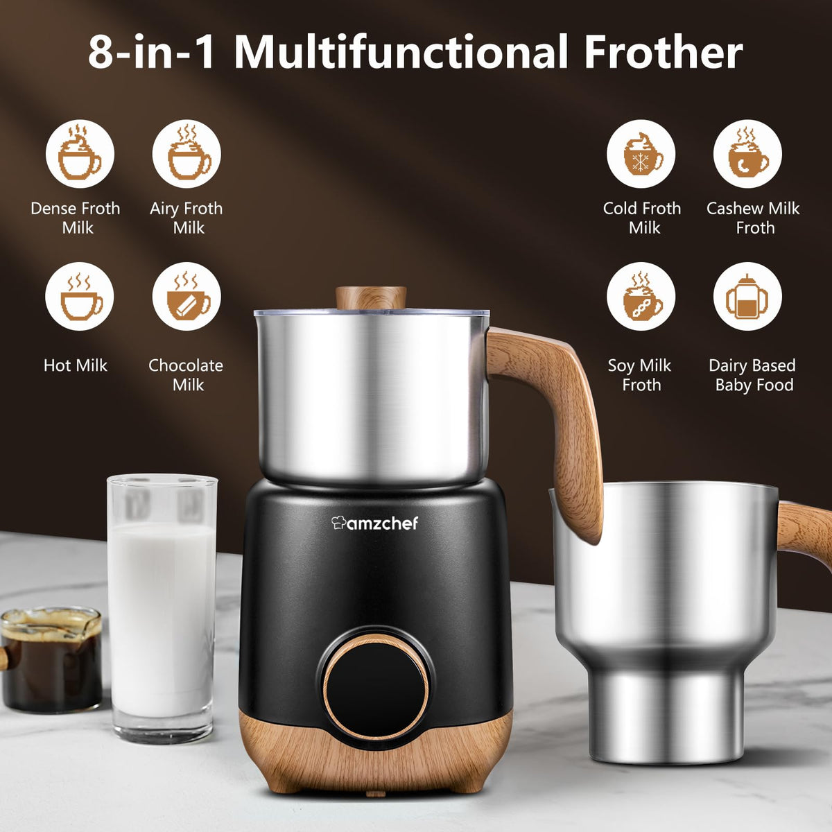 21 oz 8-in-1 Milk Frother, 550W Split Stainless Steel Automatic Steamer, Milk Warmer for Latte, Cappuccino, Hot Chocolate, Hot/Cold Froth, Heated Milk & Baby Food, Matte Black (21 Ounce)