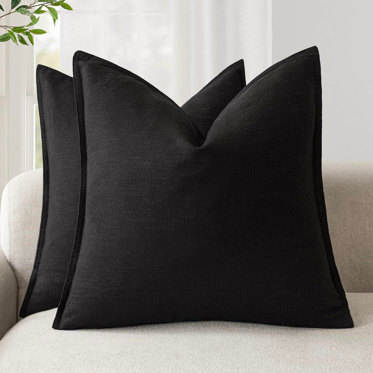 Pack of 2 Decorative Linen Solid Throw Pillow Covers Soft Accent Cushion Case Boho Farmhouse Neutral Pillowcase for Chair Couch Sofa Bedroom Living Room Home Decor 20 x 20 Inch Black (2 Count)