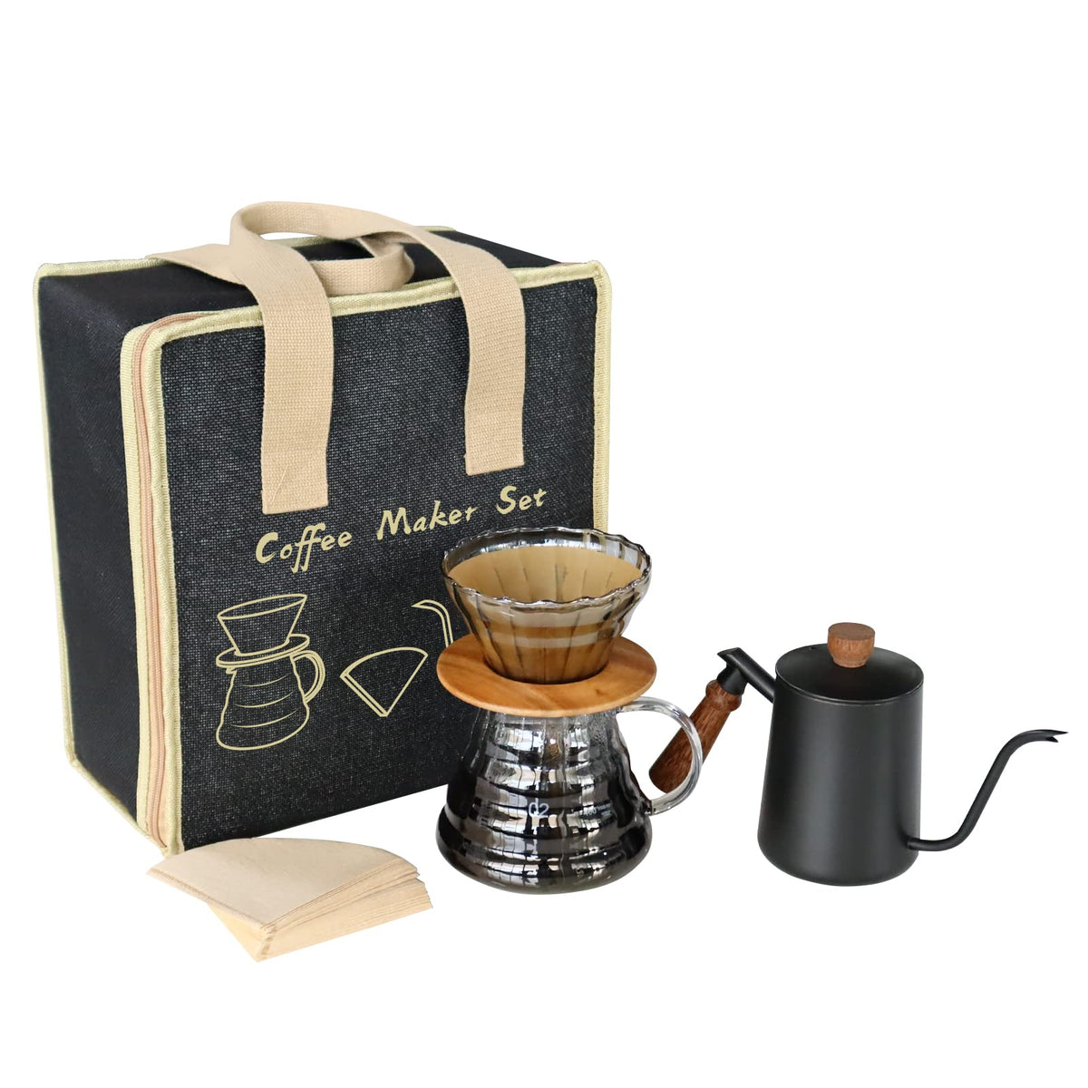 Pour Over Coffee Maker Set with Black Gooseneck Kettle