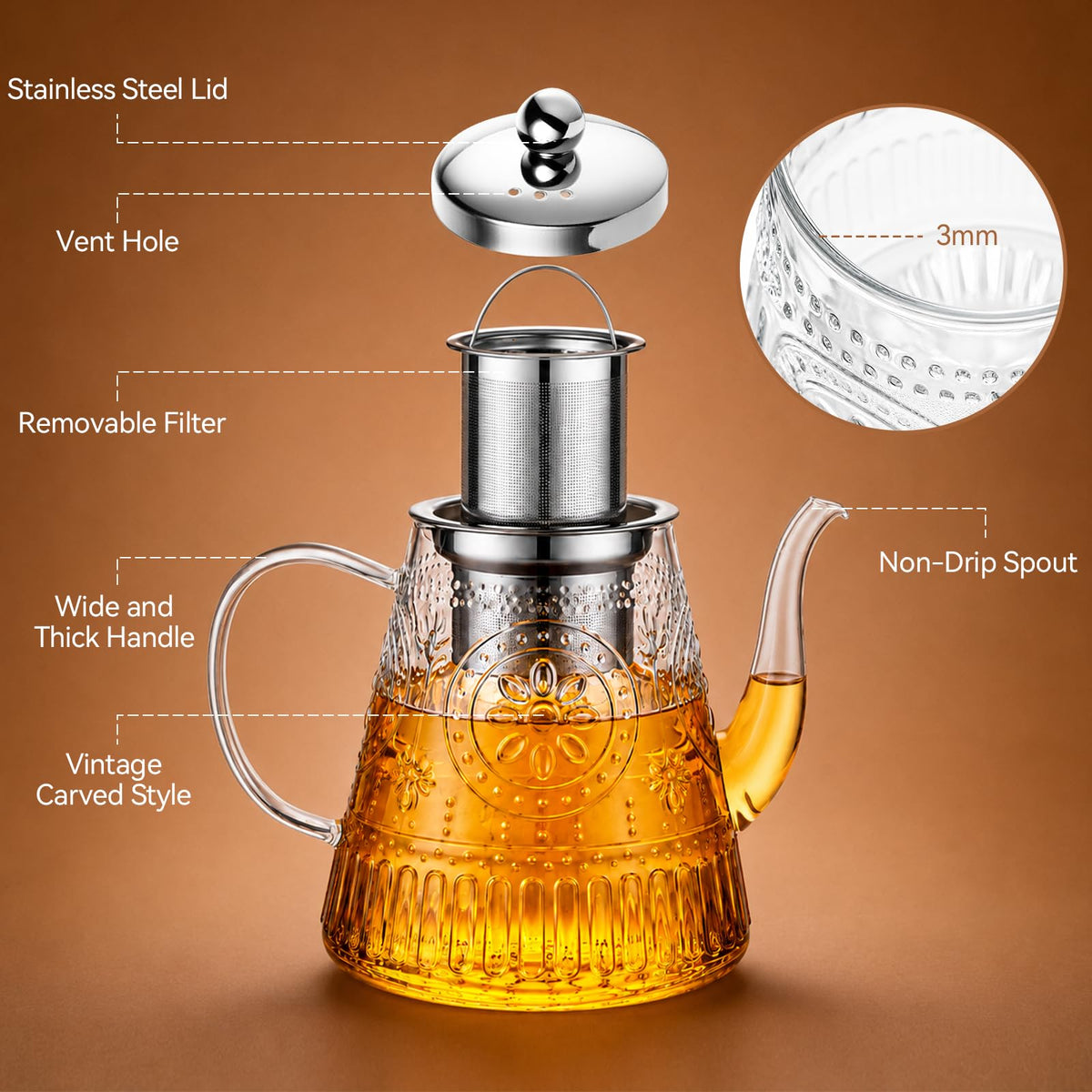 1500ml 52oz Large Glass Teapot