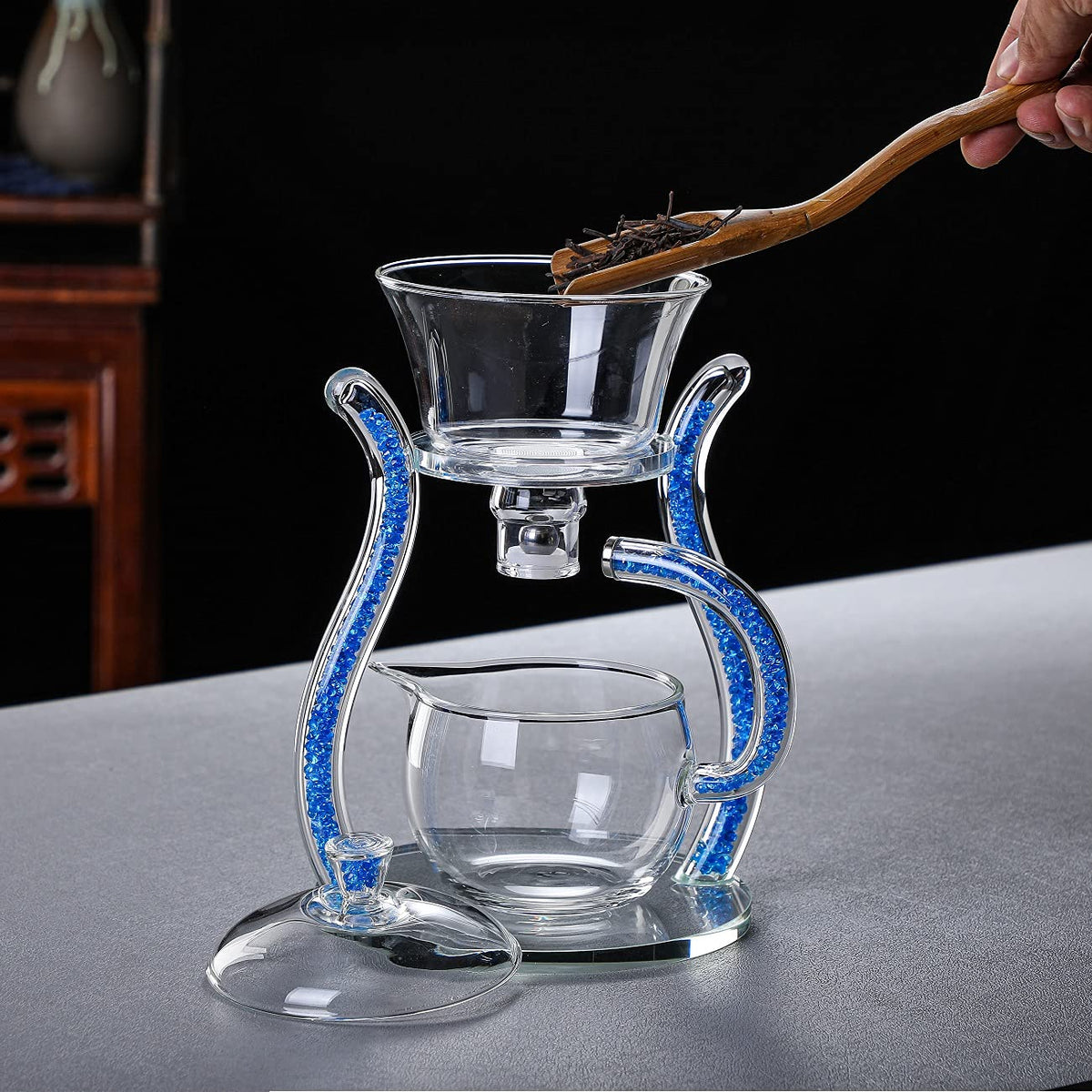 Lazy Kungfu Glass Tea Set Semi Automatic Drip Rotating with Infuser Glass Teapot Set
