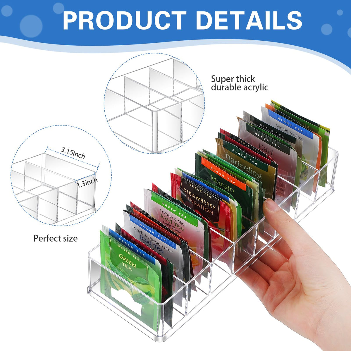 2 Pcs Tea Bag Storage Acrylic Clear Tea Drawer Organizer for Drawers