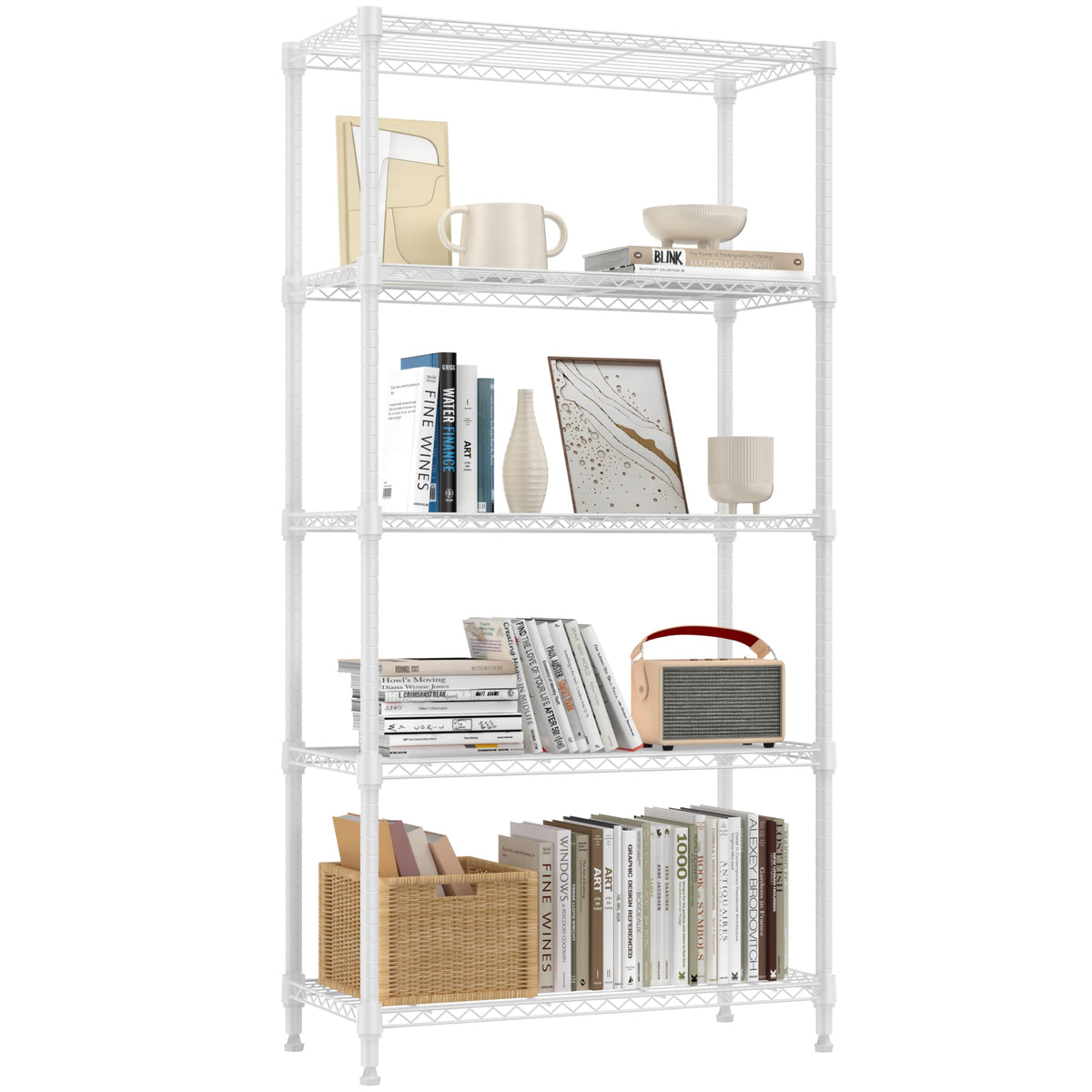 1250 lbs 5 Tier Shelf Metal Storage Shelves Wire Rack Closet Organizers for Garage Kitchen Bathroom Laundry White 11.8" D x 29.5" W x 59.5" H (5 Count)