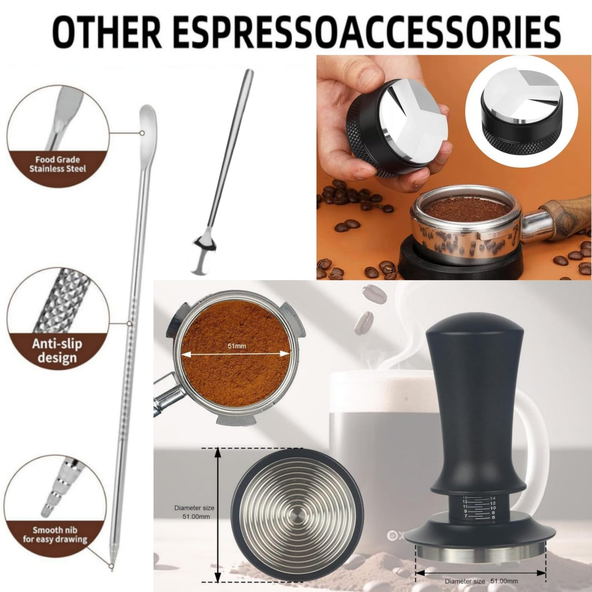 10PCS Espresso Accessories Kit 51mm Coffee Tamper Set with frothing pitcher