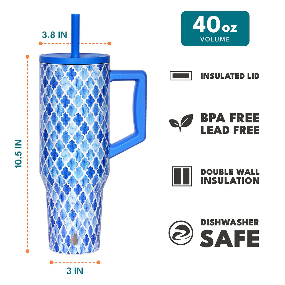 Spill Proof 40oz Insulated Tumbler with Handle & Straw Travel Mug
