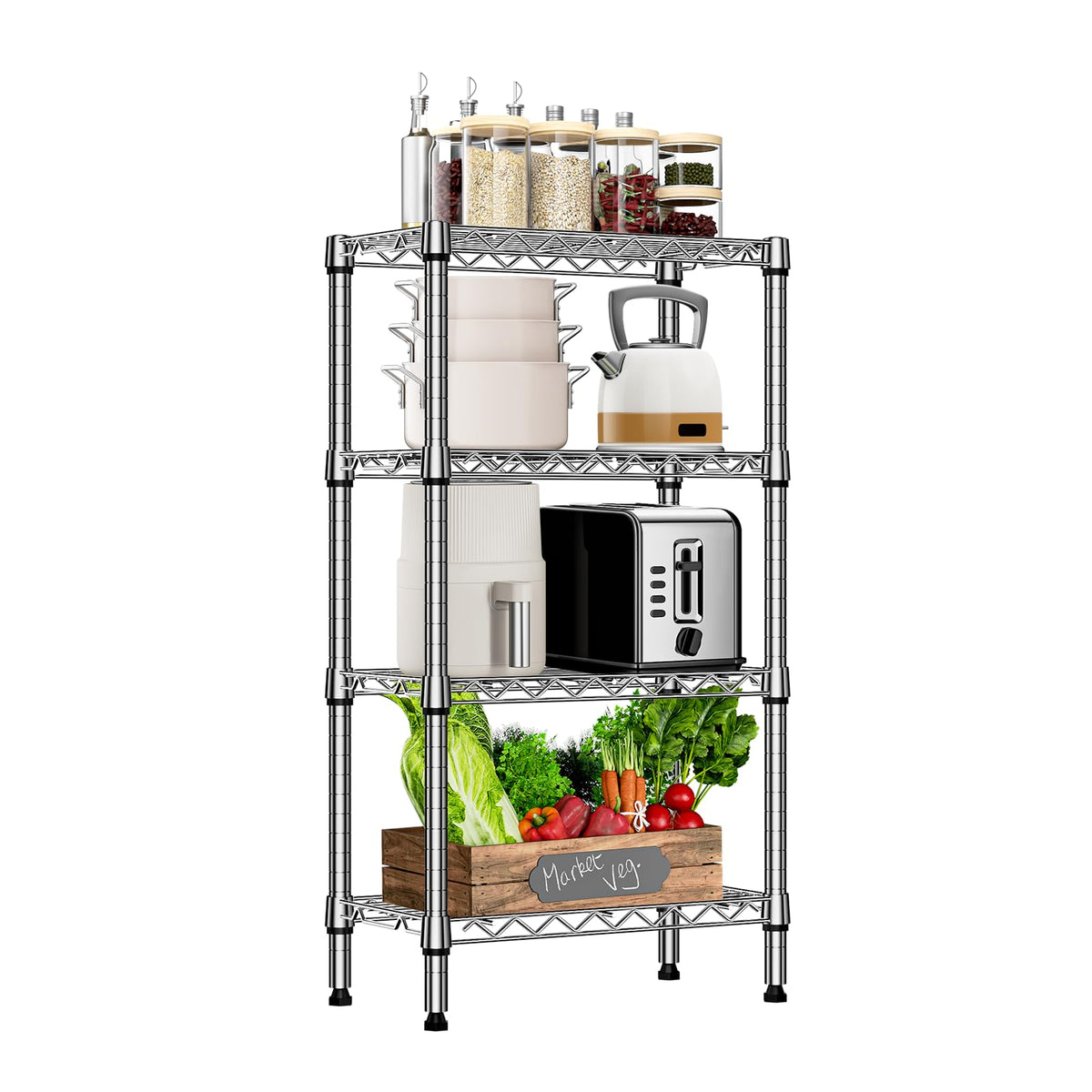 1000 lbs 4 Tier Shelf Metal Storage Shelves Wire Rack Closet Organizers with PP Board for Garage Kitchen Bathroom Laundry Chrome 11.8" D x 21.7" W x 39.5" H (4 Count)