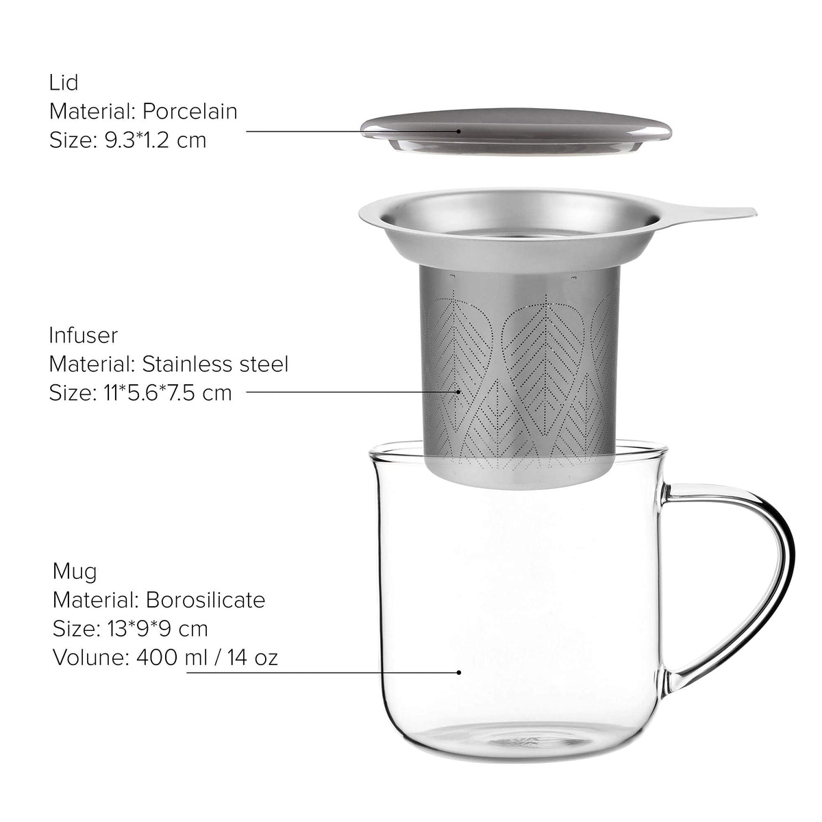 VIVA Minima Eva Glass Tea Cup with Mesh Infuser (14 Ounce)
