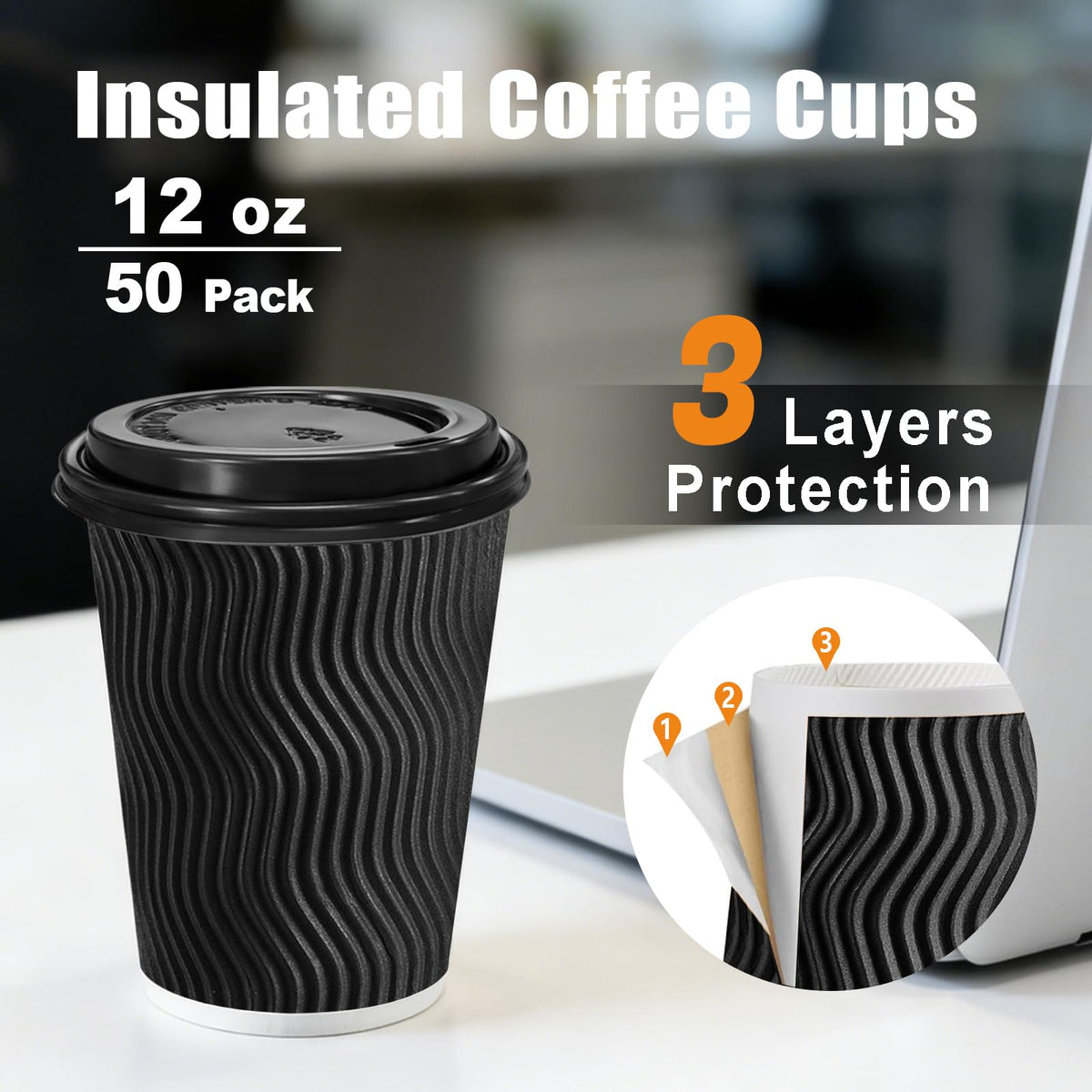 50 Pack 12 oz Coffee Cups with Lids Disposable To Go Paper Cups (50 Count)