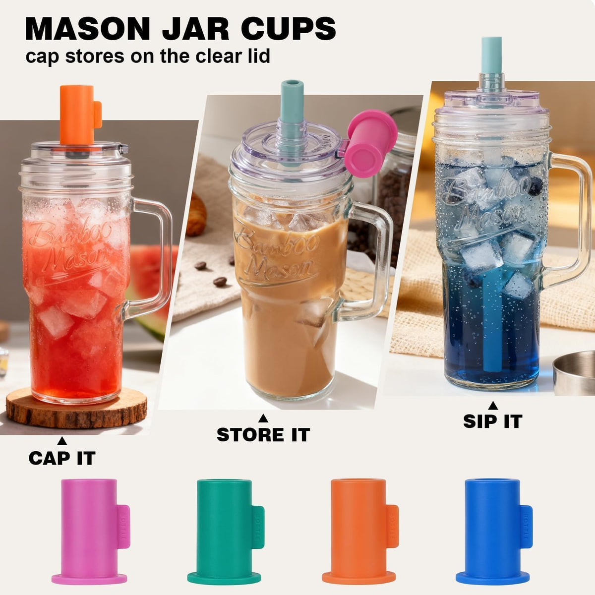 Glass Tumbler With Handle Bamboo Mason Leakproof Mason Jar Cups with Lids and Straws (2 Count)