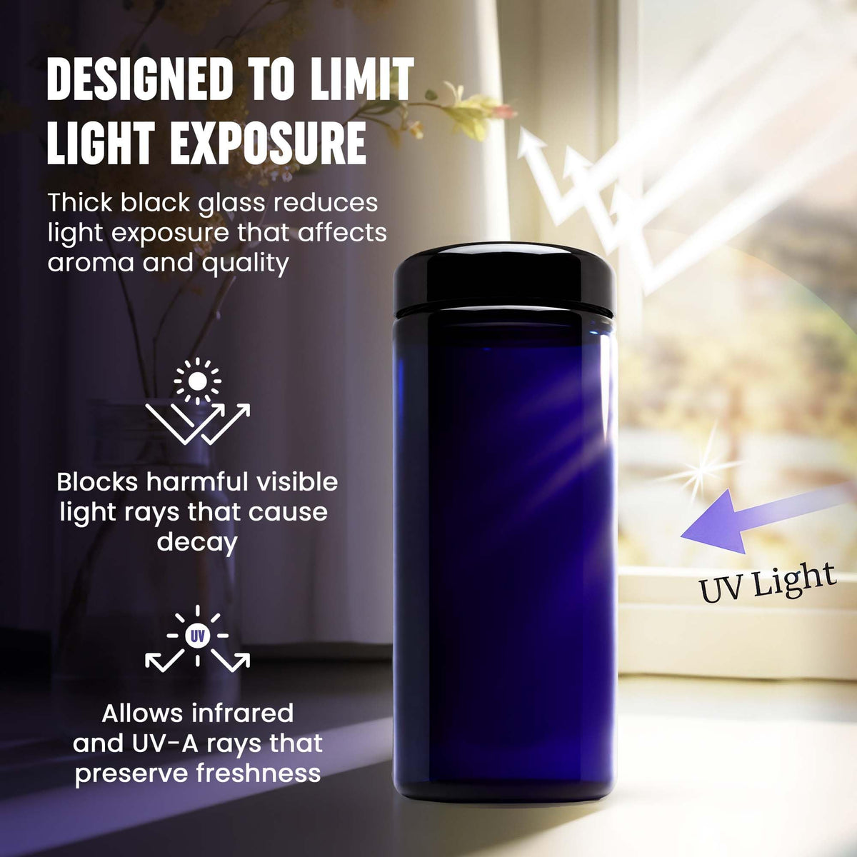 1 L (12 oz) Airtight Coffee Canister Ultraviolet Glass Coffee Bean Storage Container Antistatic, Light Blocking Container for Coffee, Herbs, Tea & Spices Durable