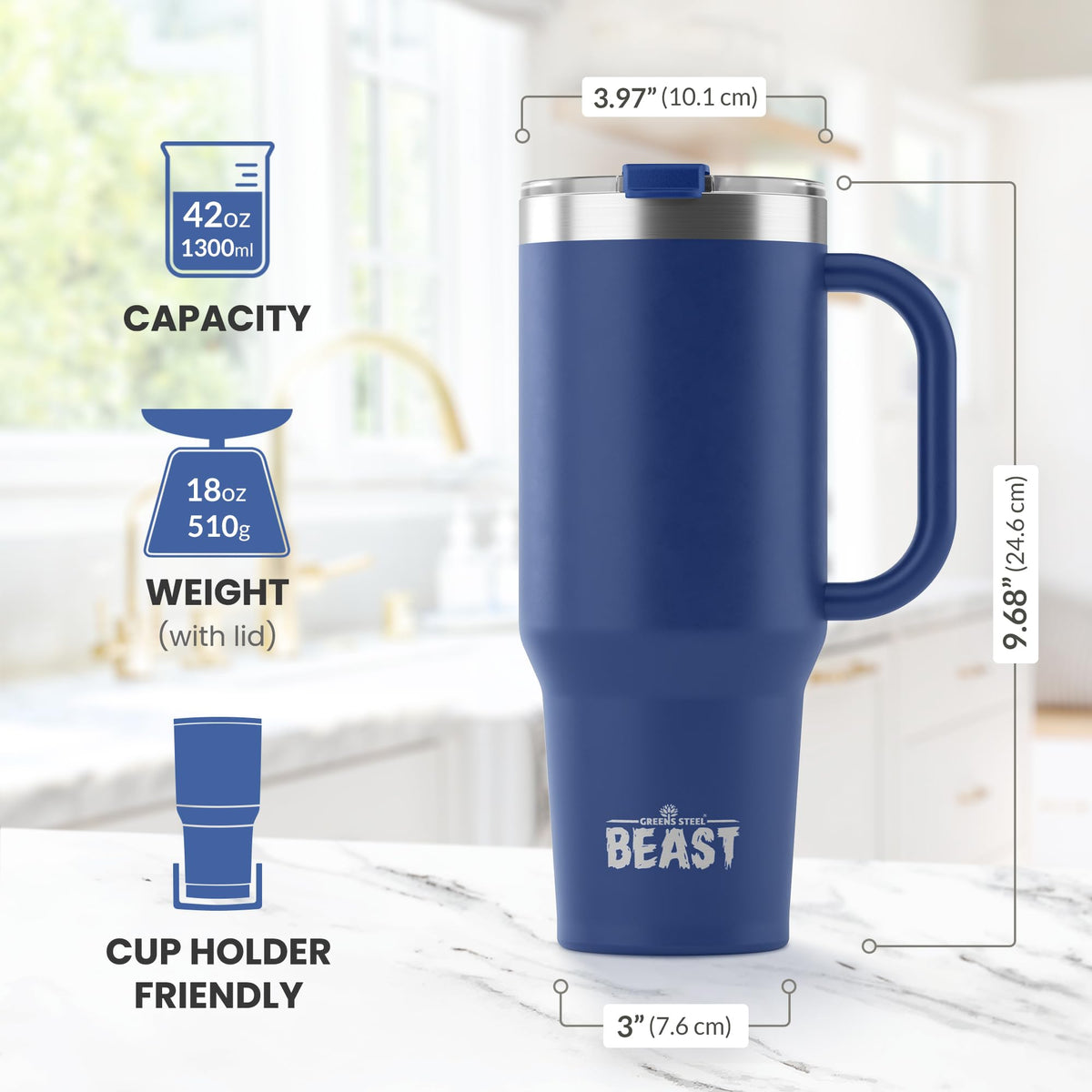 Beast 42 oz Tumbler with Handle Stainless Steel Vacuum Insulated Coffee Ice Cup Double Wall Travel Flask