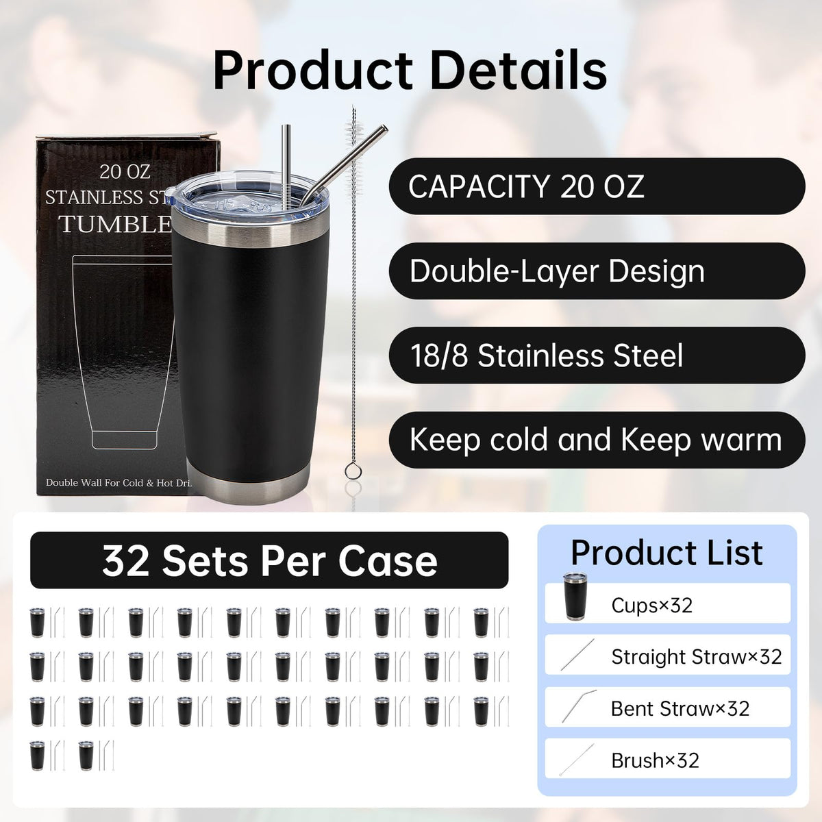 32 Pack 20oz Stainless Steel Insulated Bulk Tumblers with Lid&Straw (32 Count)