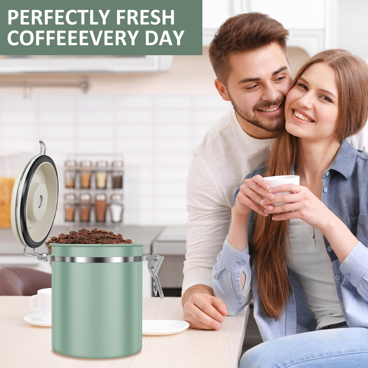 2PCS Coffee Storage Canister 1.5L 51OZ Double Airtight Coffee Beans Container with Date Locator 304 Stainless Steel Kitchen Food Storage Container with Spoon For Coffee Beans Grounds Tea Sugar (2 Count)