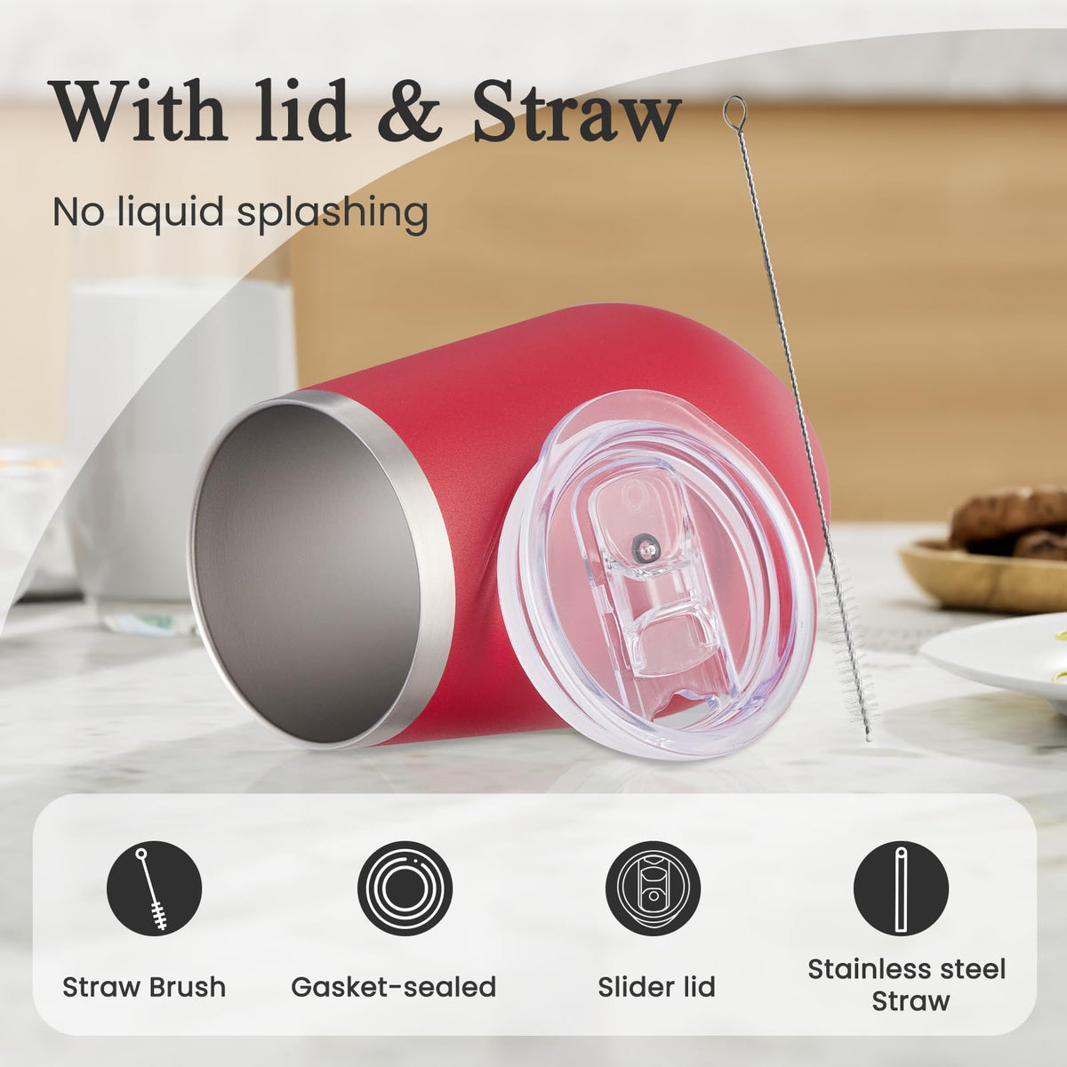 Durable 12oz Stainless Steel Wine Tumbler with Lid and straw