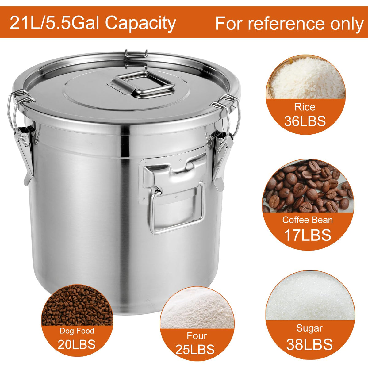 5.5Gal 304 Stainless Steel Airtight Container with Lid and Locking Clamp