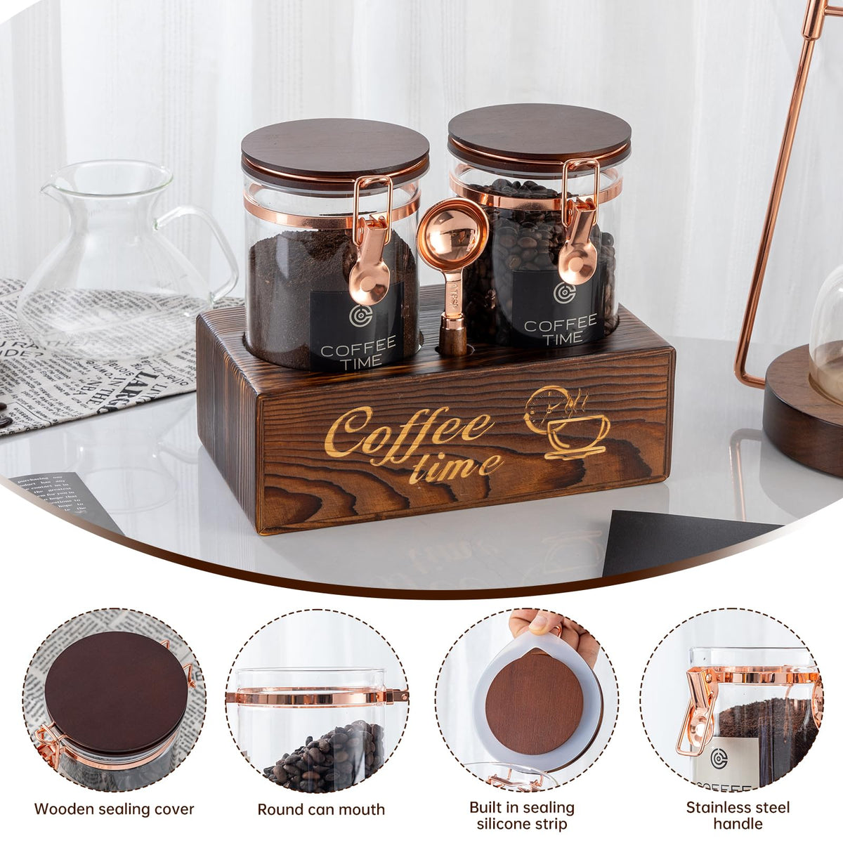 Glass Coffee Canister Set with Torched Wood Shelf