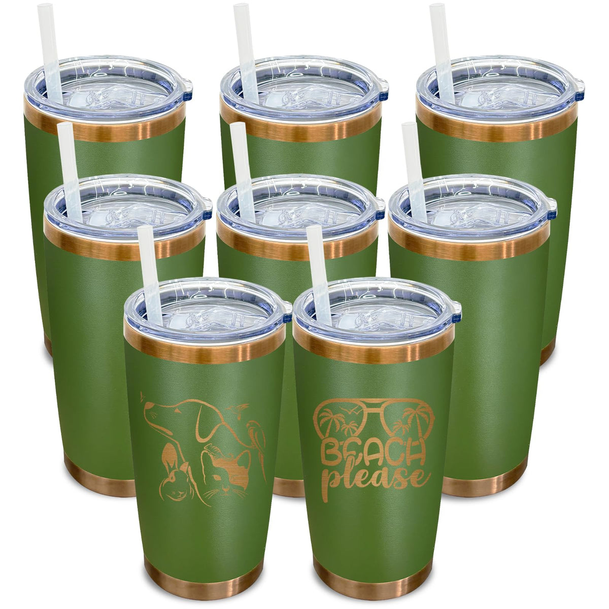 20 oz Tumbler Bulk Stainless Steel Tumblers with Lids and Straws Army Green (8 Count)